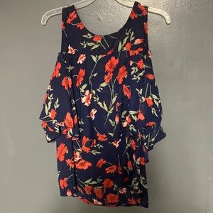 Navy blue, flower blouse over the shoulder gold back zipper! Size large!